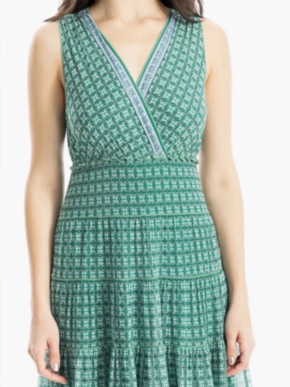 Sleeveless Green Printed V-Neck Dress **read description **